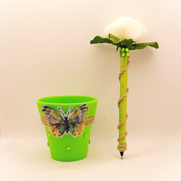 Lime Green Pen Set with Small Lime Green Decorative Flowerpot Organizer - Picture 1 of 5